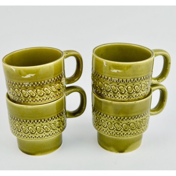 Japan Avocado Green Vintage Coffee Mugs Stacking Set of 4 - Picture 3 of 4